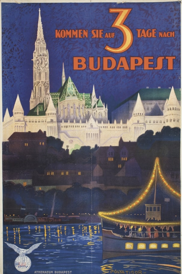 A „3 nap Budapesten” kampányhoz Pólya Tibor Richterénél sokkal konvencionálisabb plakátot tervezett. Szokásos, bűbájos látkép, „vágykeltő reklám” az éjszakai Budapesttel. (OSZK PKT, PKG.1931/118)